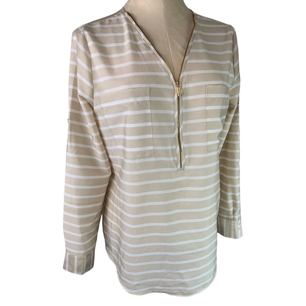 Small Calvin Klein Tan White Stripe 1/2 Zip Slightly Sheer Women's Blouse